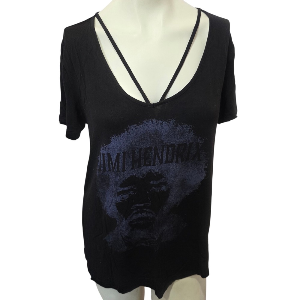 Jimi Hendrix Karl Ferris Womens L Black Graphic Band Tee Strappy V Neck Shirt